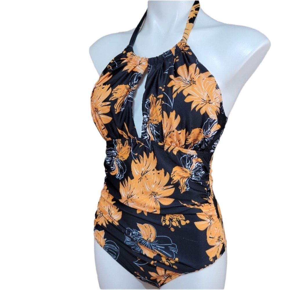 Monokini Black Gold Floral Halter Top Neck Tie Slimming One Piece Swimsuit